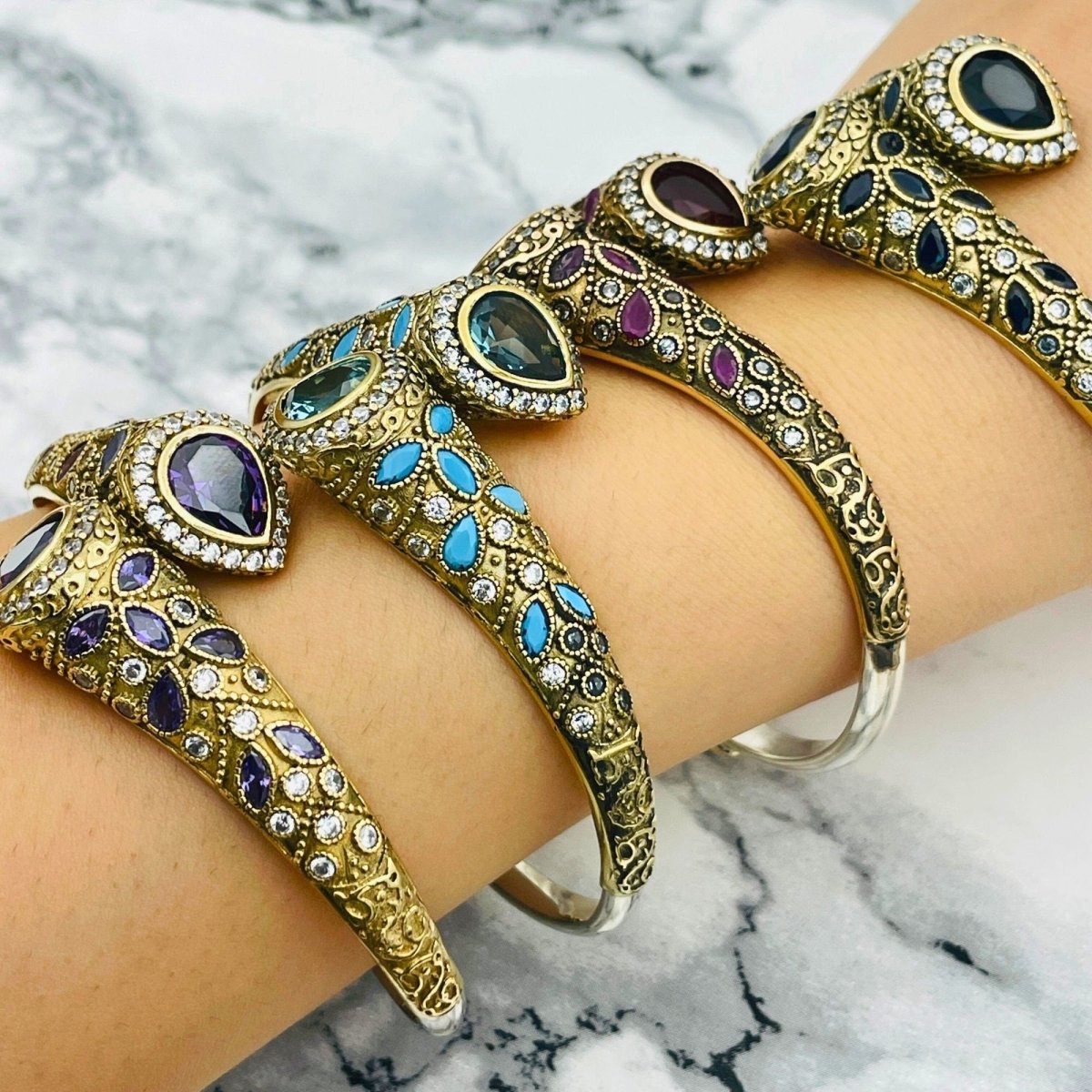 Istanbul Jewelry | Handmade Amethyst Drop Ottoman Silver Bracelet - TryAladdin