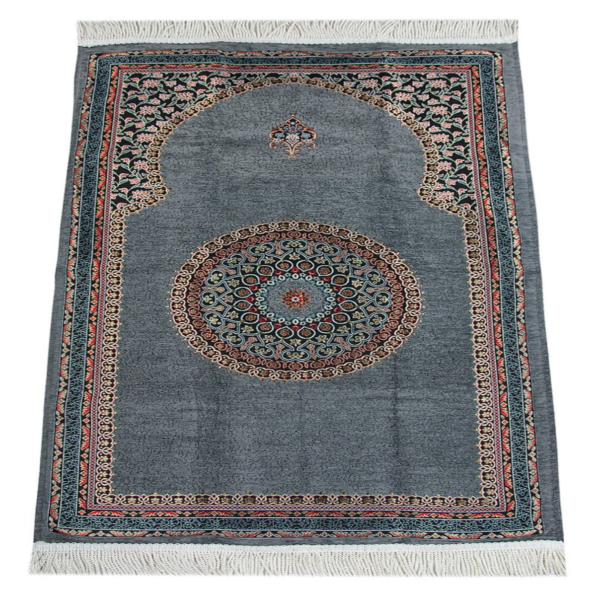 Gray Traditional Motif Knitted Fringed Mihrab Lined Chenille Prayer Rug - TryAladdin