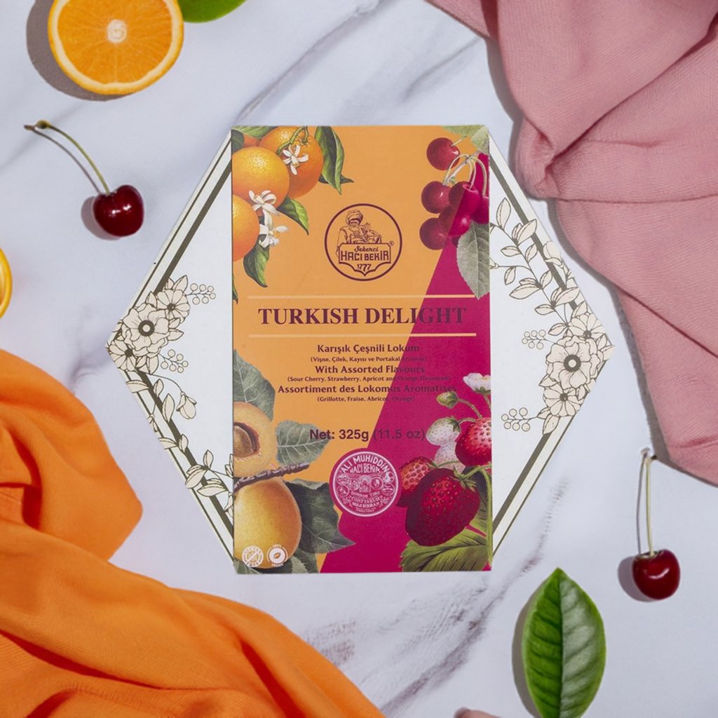 Haci Bekir Exclusive Turkish Delight Fruit Flavored Assorted - Unique Consistency Lokums (Cherry/Strawberry/Apricot/Orange) - TryAladdin