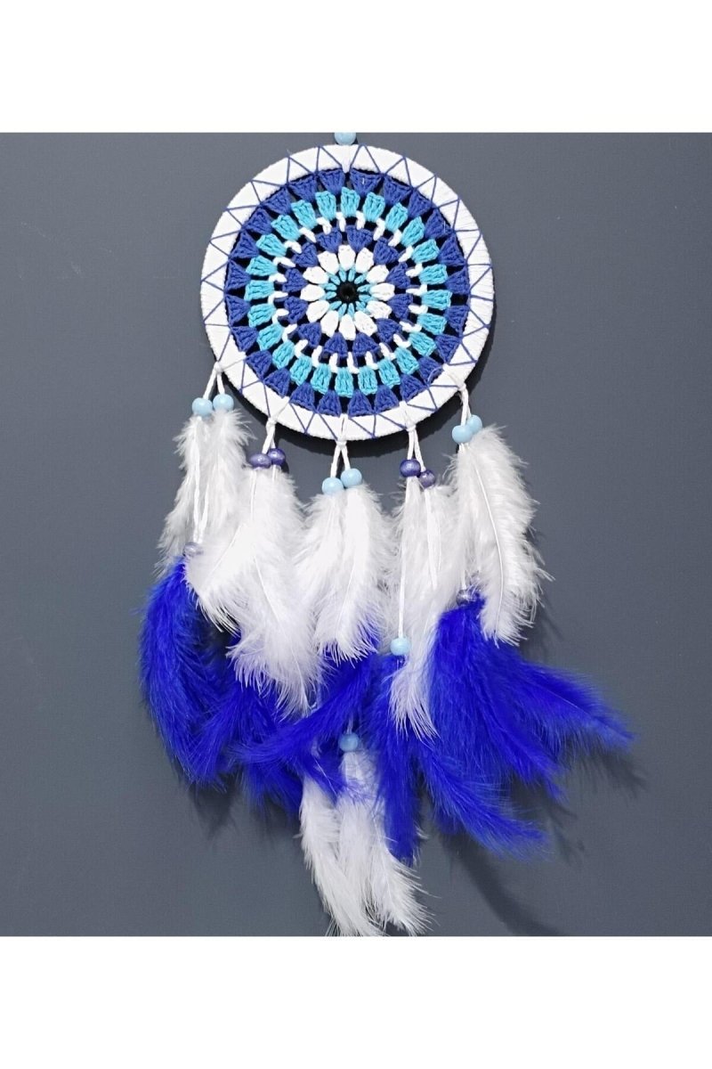 White Color Dream Catcher Handmade Nazar Beaded Pattern and Bird Feathers Wall Ornament - TryAladdin