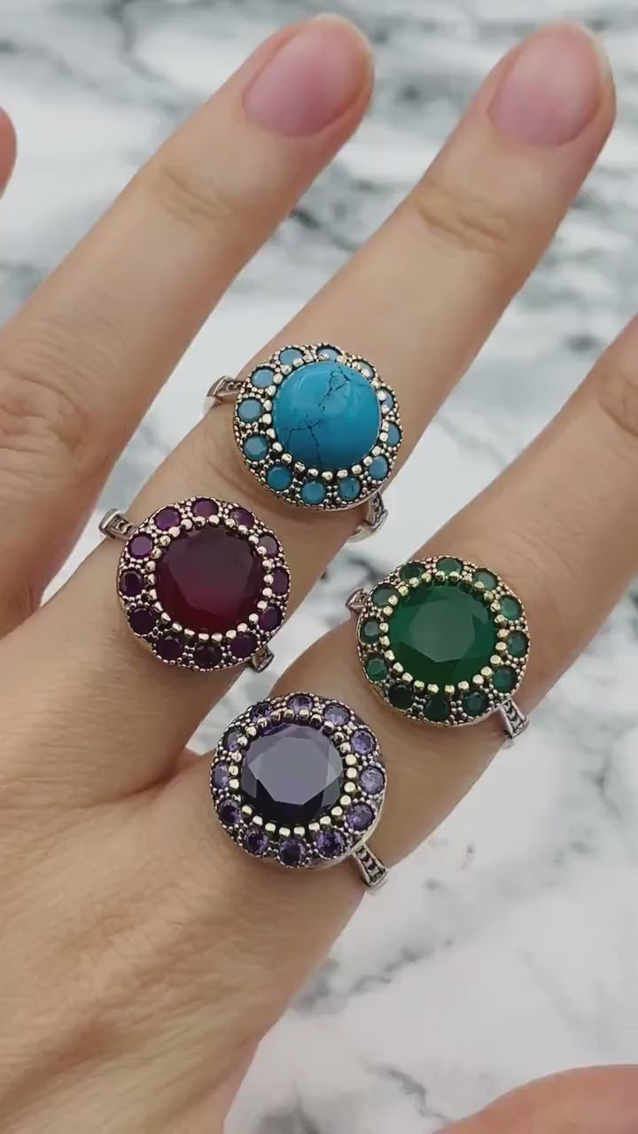 Istanbul Schmuck | Türkischer handgefertigter Smaragd-Silberring mit floralem Muster