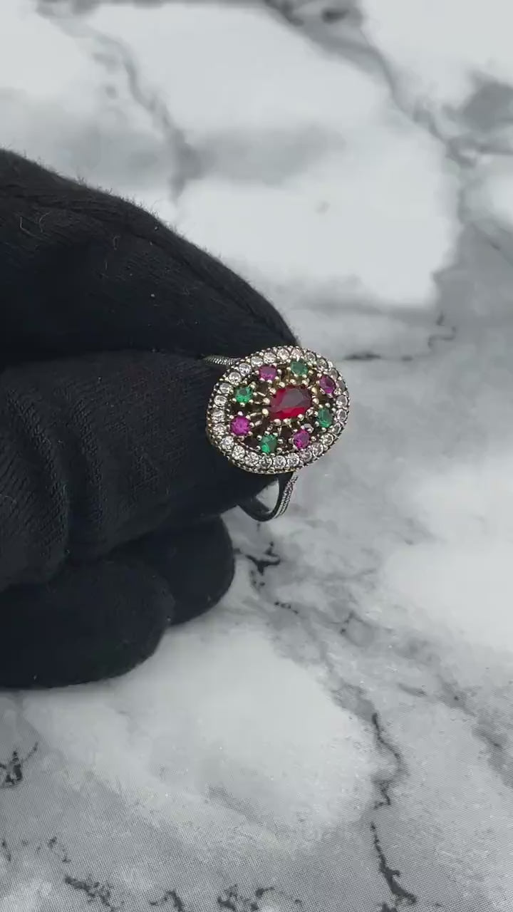 Istanbul Schmuck | Rubin- und Smaragd-Ottomanischer Stil Handgefertigter Silberring