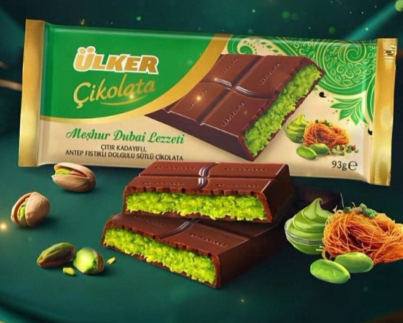 Ulker Dubai Chocolate bar with Antep pistachio cream and visible crunchy kadaif pieces.